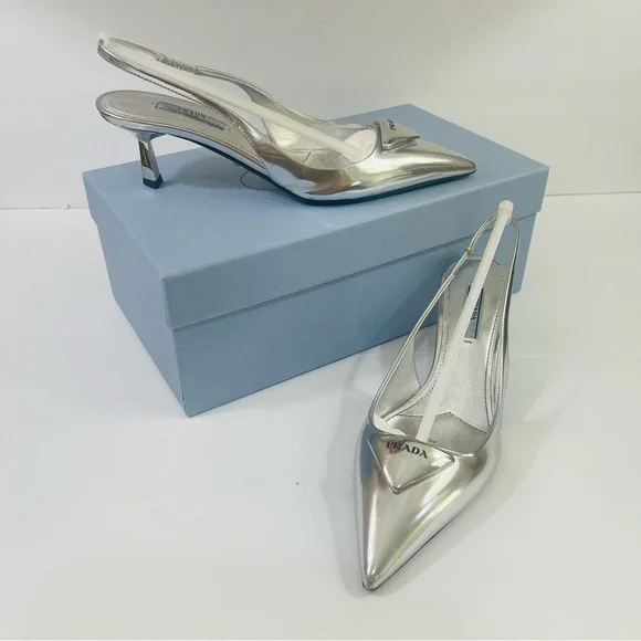 Prada | Shoes | Prada Silver Puffy Logo Slingback Heels